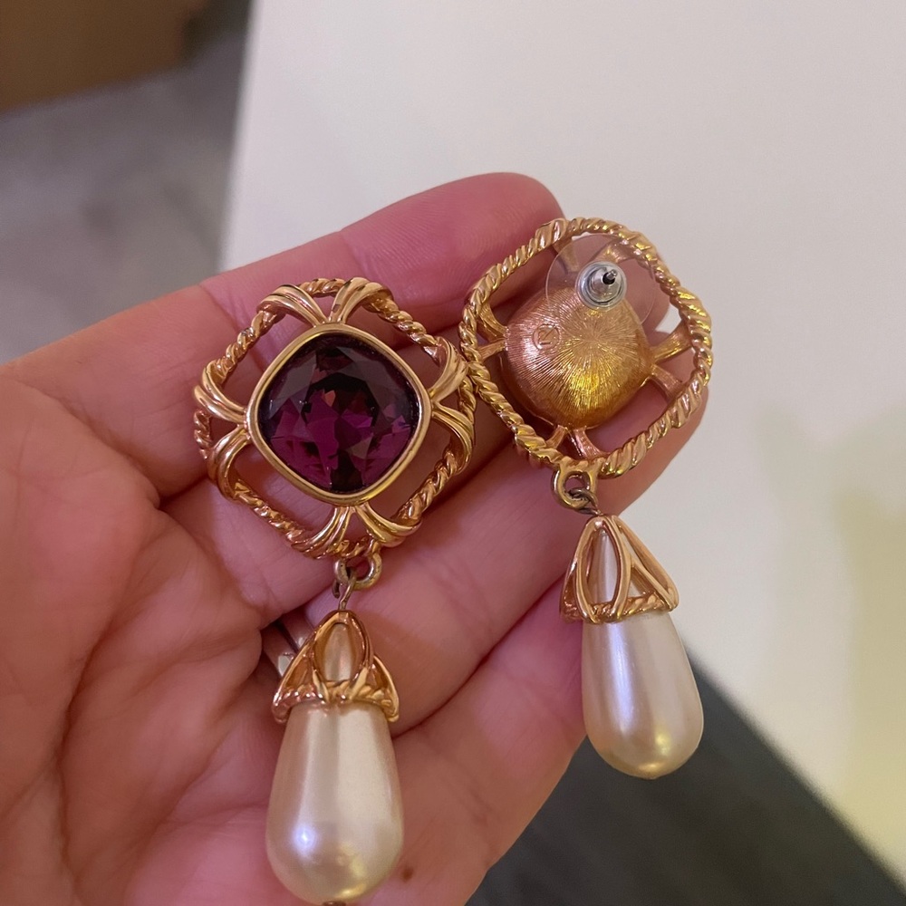 Vintage Swarovski Pearl Drop Large Purple Crystal Earrings - Picture 7 of 9